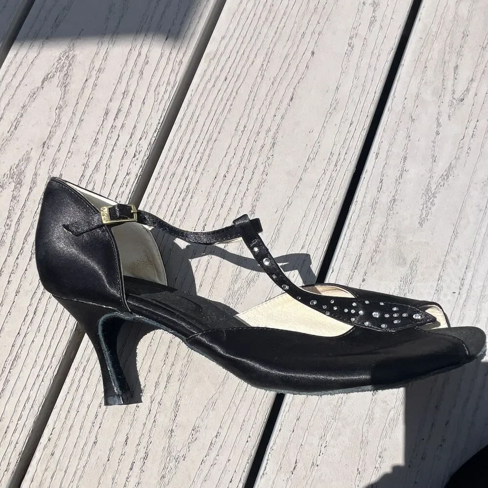 Jiajia Women’s Black Satin Ballroom Dance Shoes T-Strap Rhinestone Heels Size 10